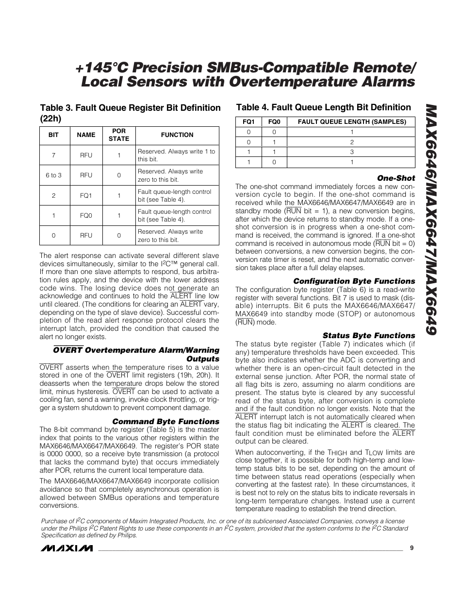 Table 3. fault queue register bit definition (22h), Table 4. fault queue length bit definition | Rainbow Electronics MAX6649 User Manual | Page 9 / 16