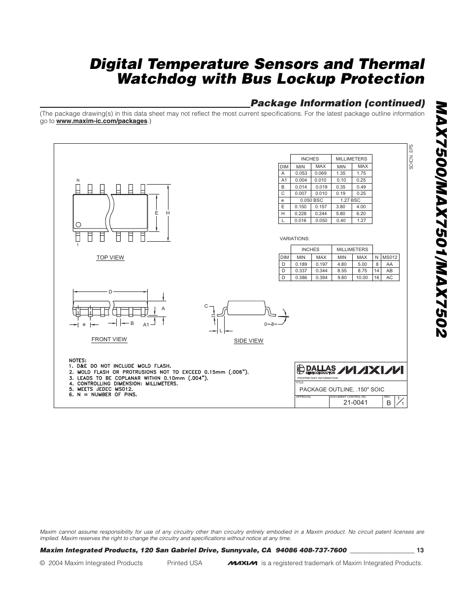 Package information (continued) | Rainbow Electronics MAX7502 User Manual | Page 13 / 13