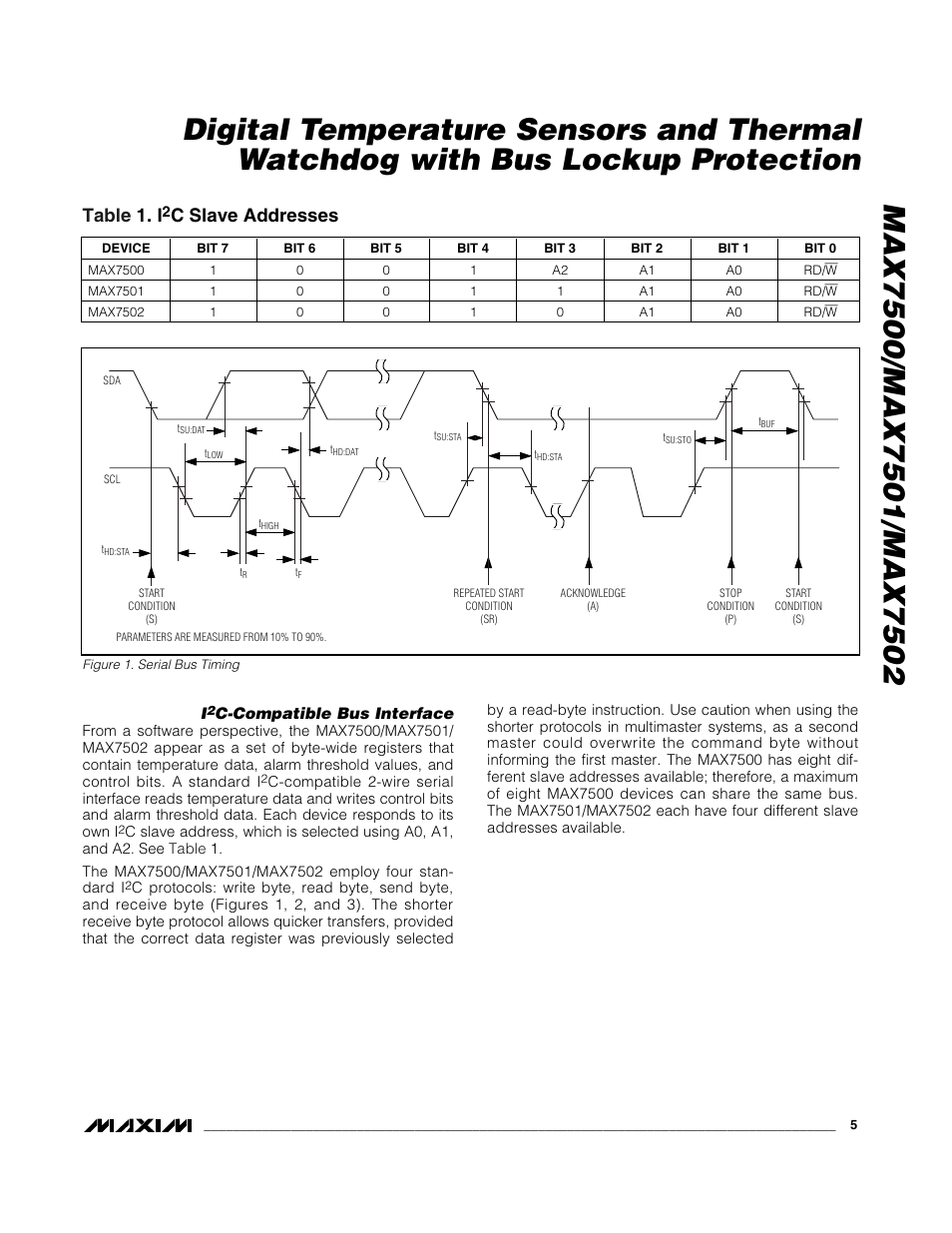 Table 1. i, C slave addresses | Rainbow Electronics MAX7502 User Manual | Page 5 / 13