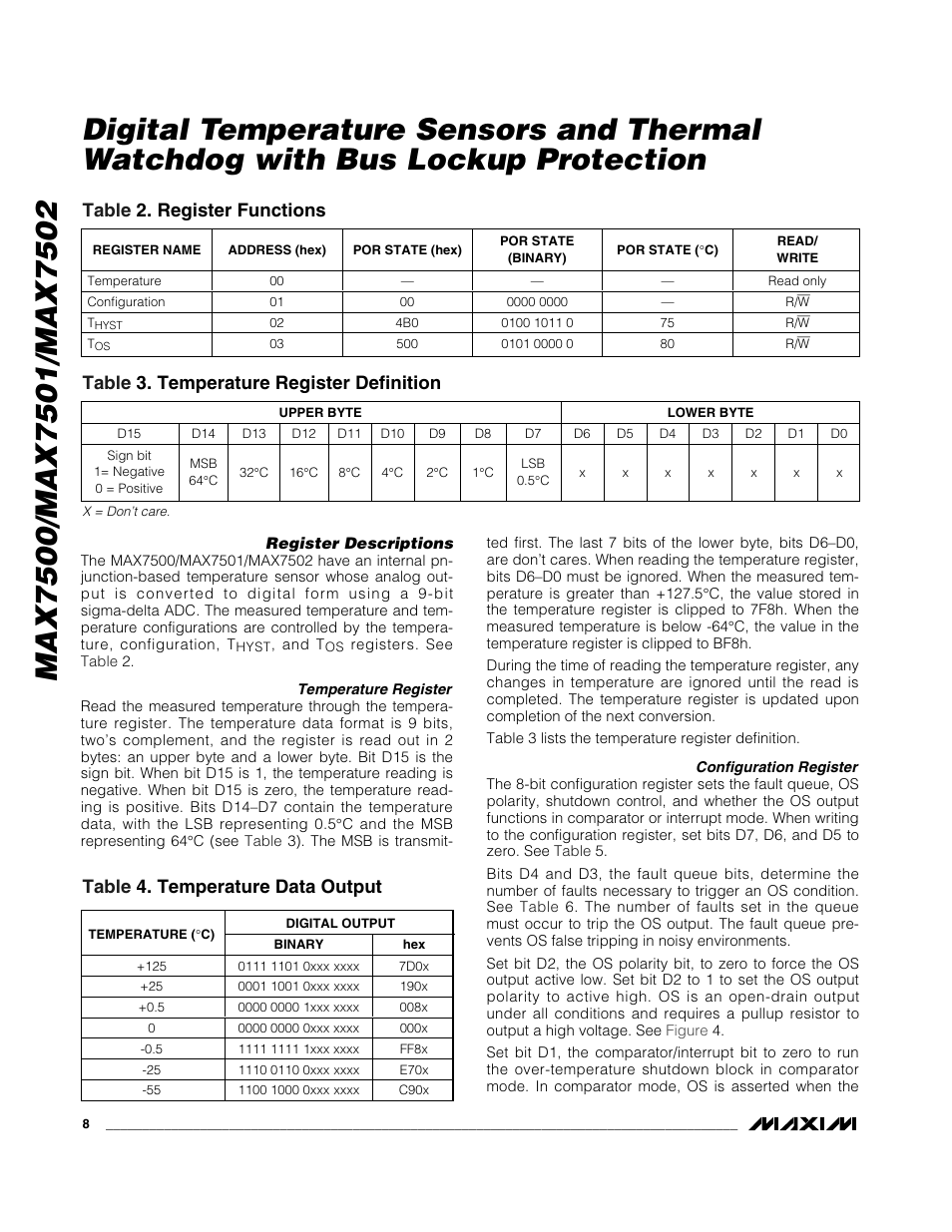 Table 2. register functions | Rainbow Electronics MAX7502 User Manual | Page 8 / 13