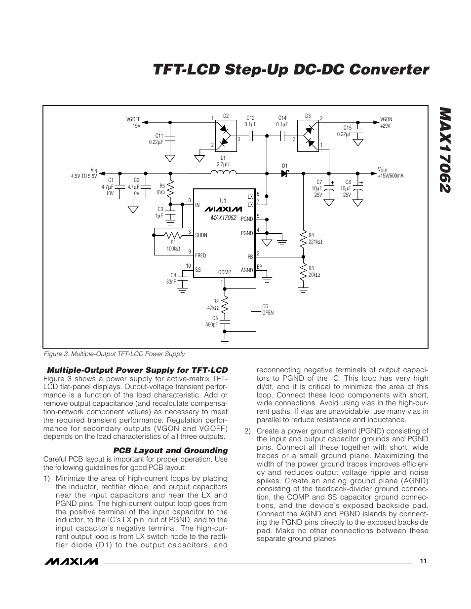 Multiple-output power supply for tft-lcd, Pcb layout and grounding | Rainbow Electronics MAX17062 User Manual | Page 11 / 14