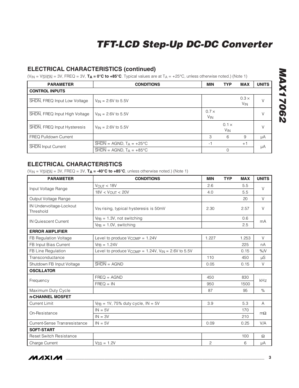 Electrical characteristics (continued), Electrical characteristics | Rainbow Electronics MAX17062 User Manual | Page 3 / 14