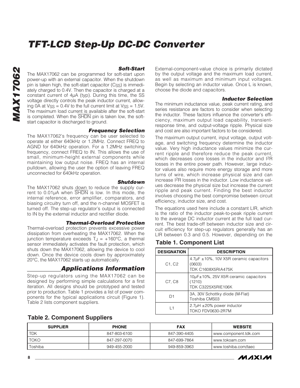 Tft-lcd step-up dc-dc converter, Applications information, Table 1. component list | Table 2. component suppliers | Rainbow Electronics MAX17062 User Manual | Page 8 / 14