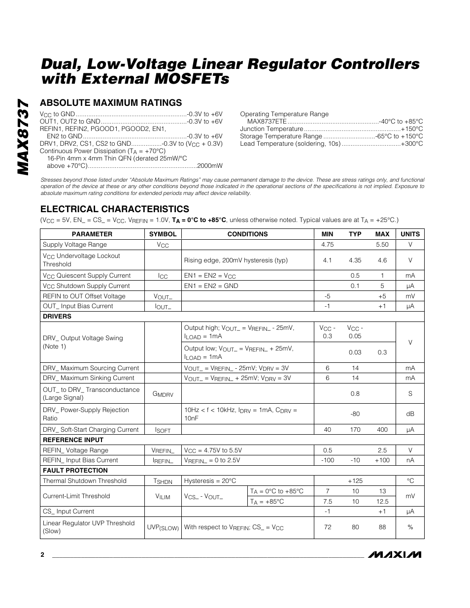 Absolute maximum ratings, Electrical characteristics | Rainbow Electronics MAX8737 User Manual | Page 2 / 15