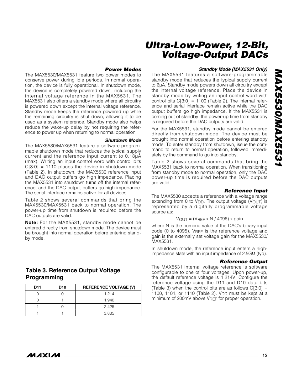 Table 3. reference output voltage programming | Rainbow Electronics MAX5531 User Manual | Page 15 / 19