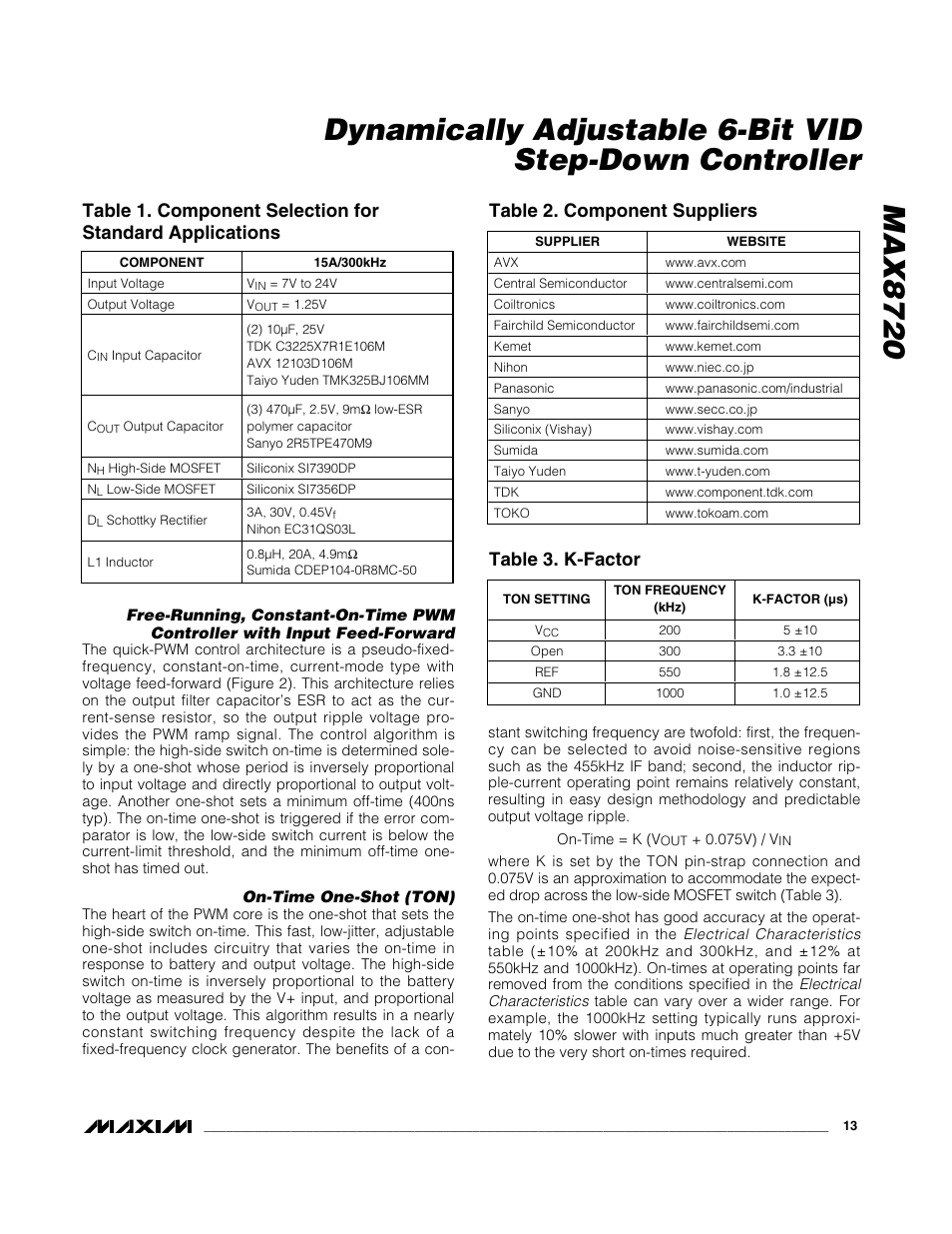 Table 2. component suppliers, Table 3. k-factor | Rainbow Electronics MAX8720 User Manual | Page 13 / 31