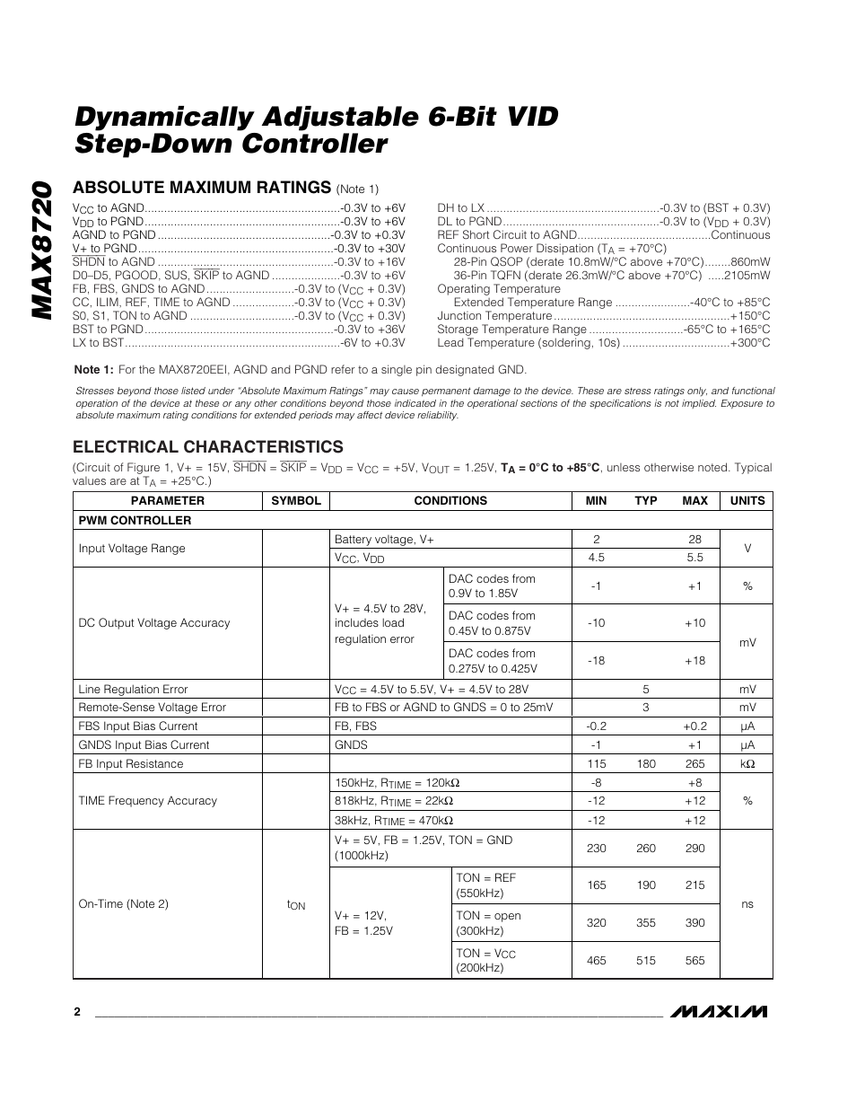 Absolute maximum ratings, Electrical characteristics | Rainbow Electronics MAX8720 User Manual | Page 2 / 31