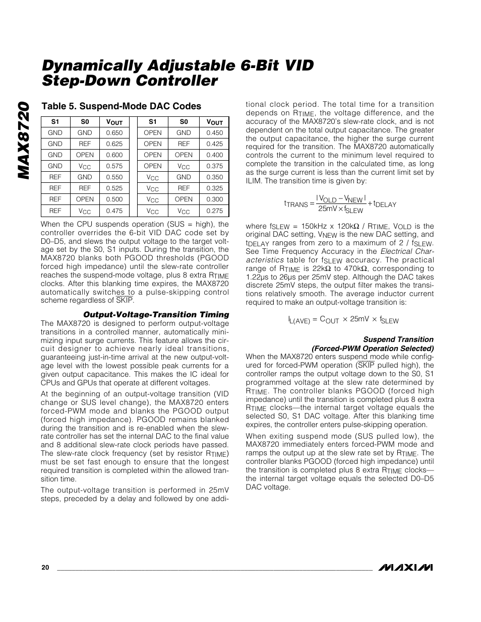 Max8720, Table 5. suspend-mode dac codes | Rainbow Electronics MAX8720 User Manual | Page 20 / 31