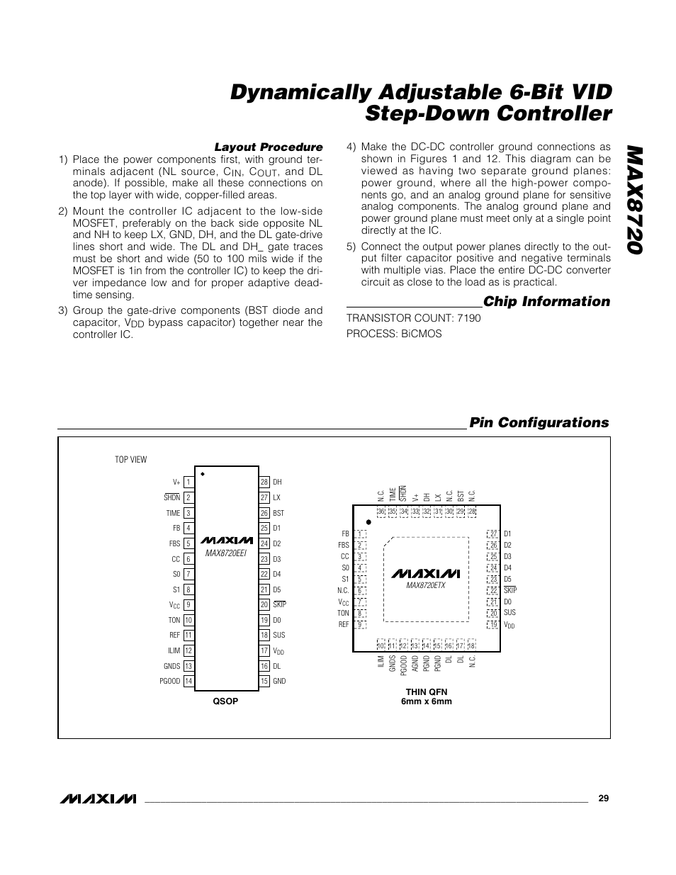 Chip information, Pin configurations, Layout procedure | Rainbow Electronics MAX8720 User Manual | Page 29 / 31