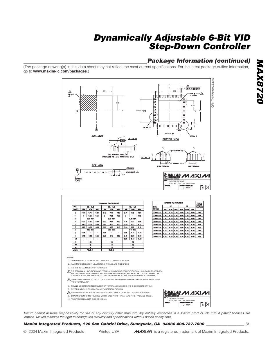 Package information (continued) | Rainbow Electronics MAX8720 User Manual | Page 31 / 31