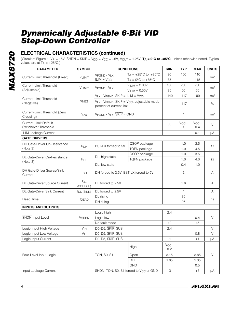 Electrical characteristics (continued) | Rainbow Electronics MAX8720 User Manual | Page 4 / 31