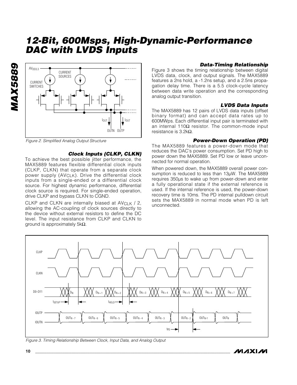 Max5889, Clock inputs (clkp, clkn), Data-timing relationship | Lvds data inputs, Power-down operation (pd) | Rainbow Electronics MAX5889 User Manual | Page 10 / 15
