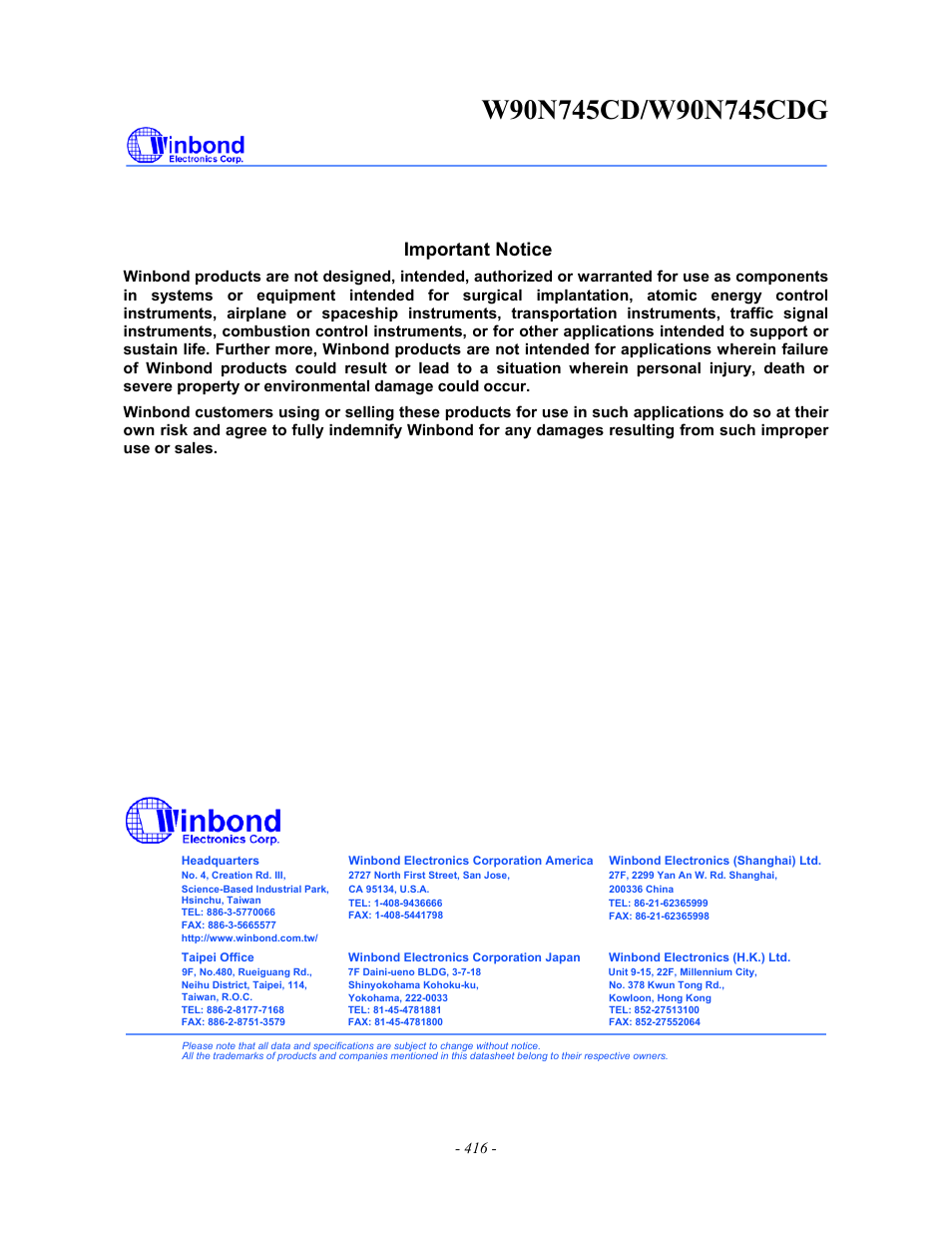 Important notice | Rainbow Electronics W90N745CDG User Manual | Page 420 / 420