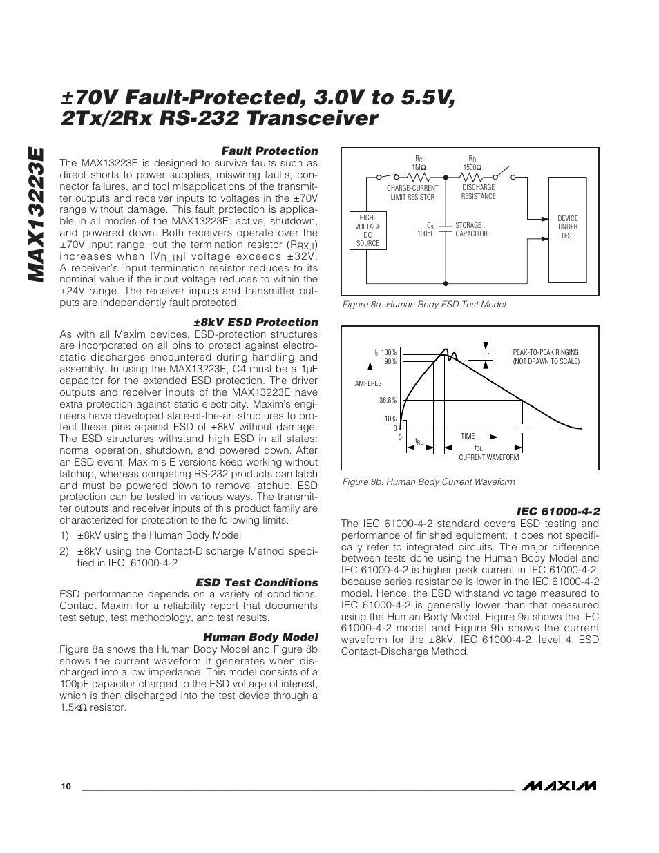 Fault protection, 8kv esd protection, Esd test conditions | Human body model | Rainbow Electronics MAX13223E User Manual | Page 10 / 11