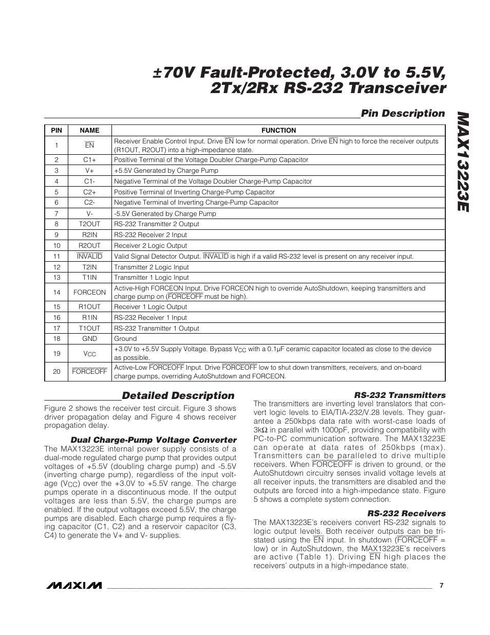 Detailed description, Pin description | Rainbow Electronics MAX13223E User Manual | Page 7 / 11