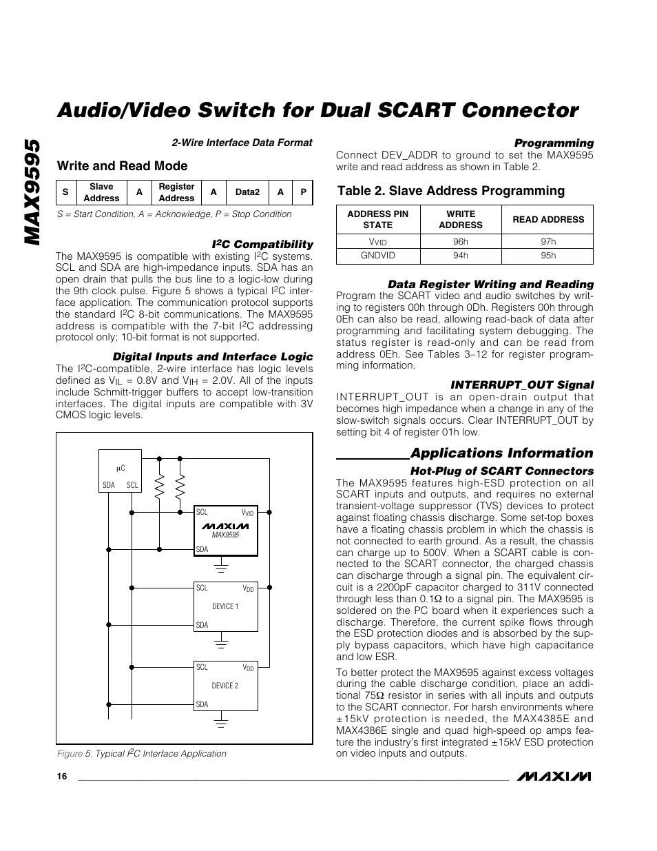 Max9595, Audio/video switch for dual scart connector, Applications information | Table 2. slave address programming, Write and read mode | Rainbow Electronics MAX9595 User Manual | Page 16 / 28