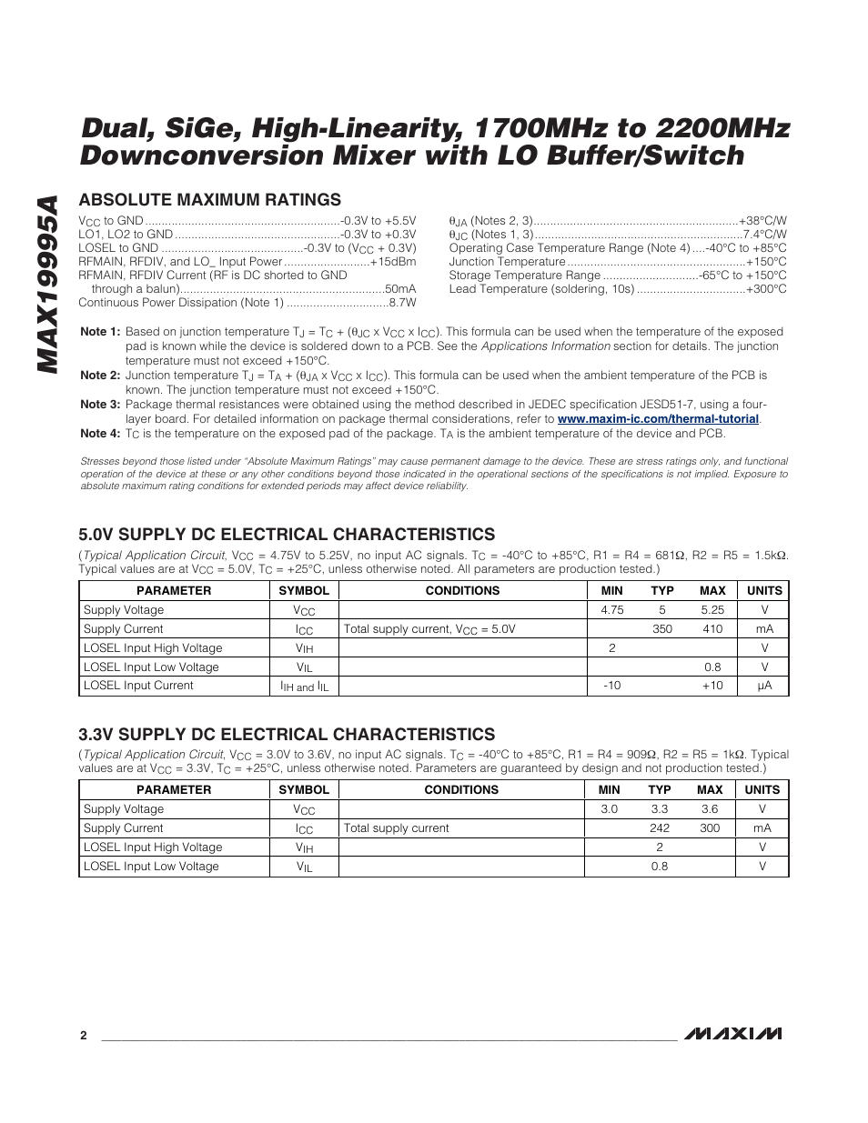 3v supply dc electrical characteristics | Rainbow Electronics MAX19995А User Manual | Page 2 / 23