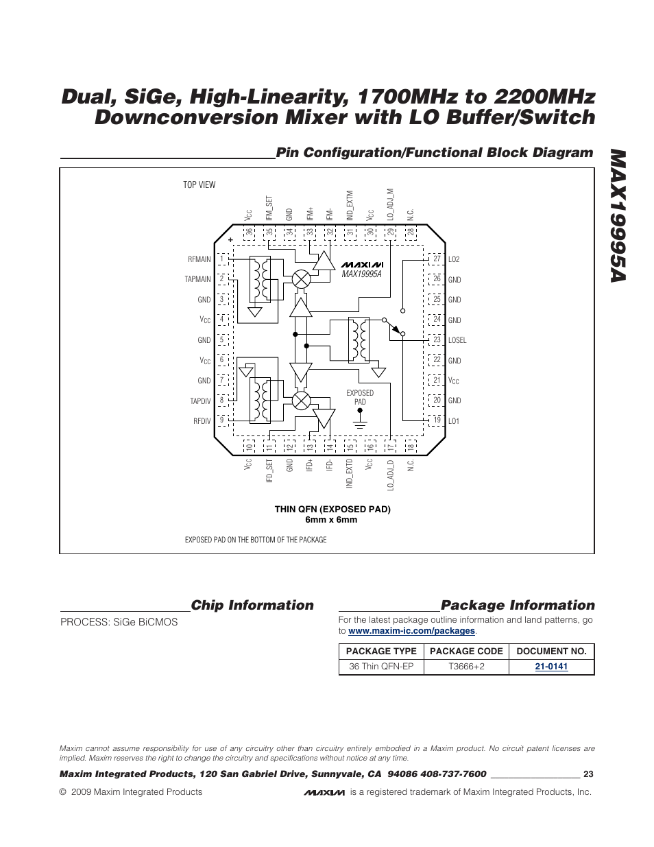 Pin configuration/functional block diagram, Chip information, Package information | Rainbow Electronics MAX19995А User Manual | Page 23 / 23