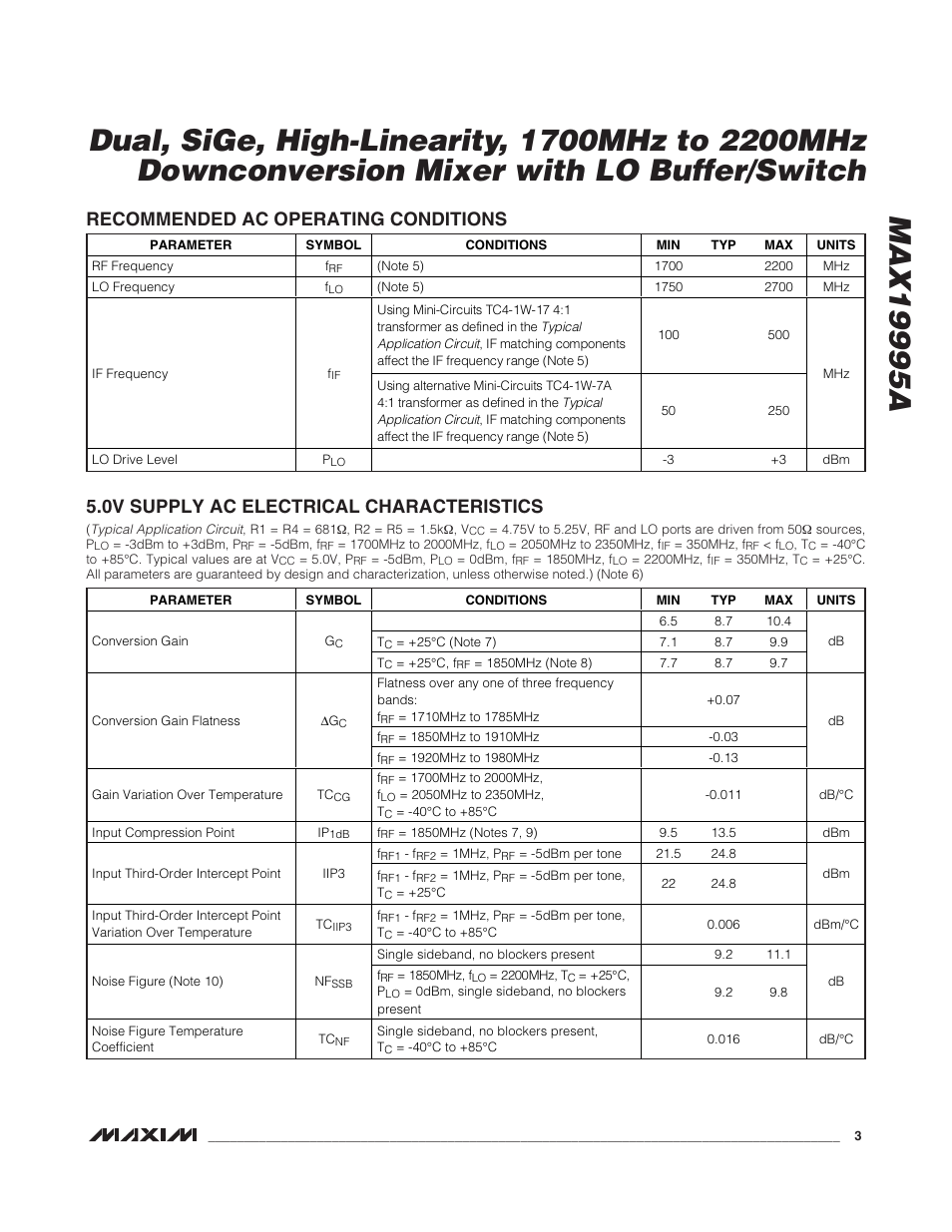 Recommended ac operating conditions, 0v supply ac electrical characteristics | Rainbow Electronics MAX19995А User Manual | Page 3 / 23