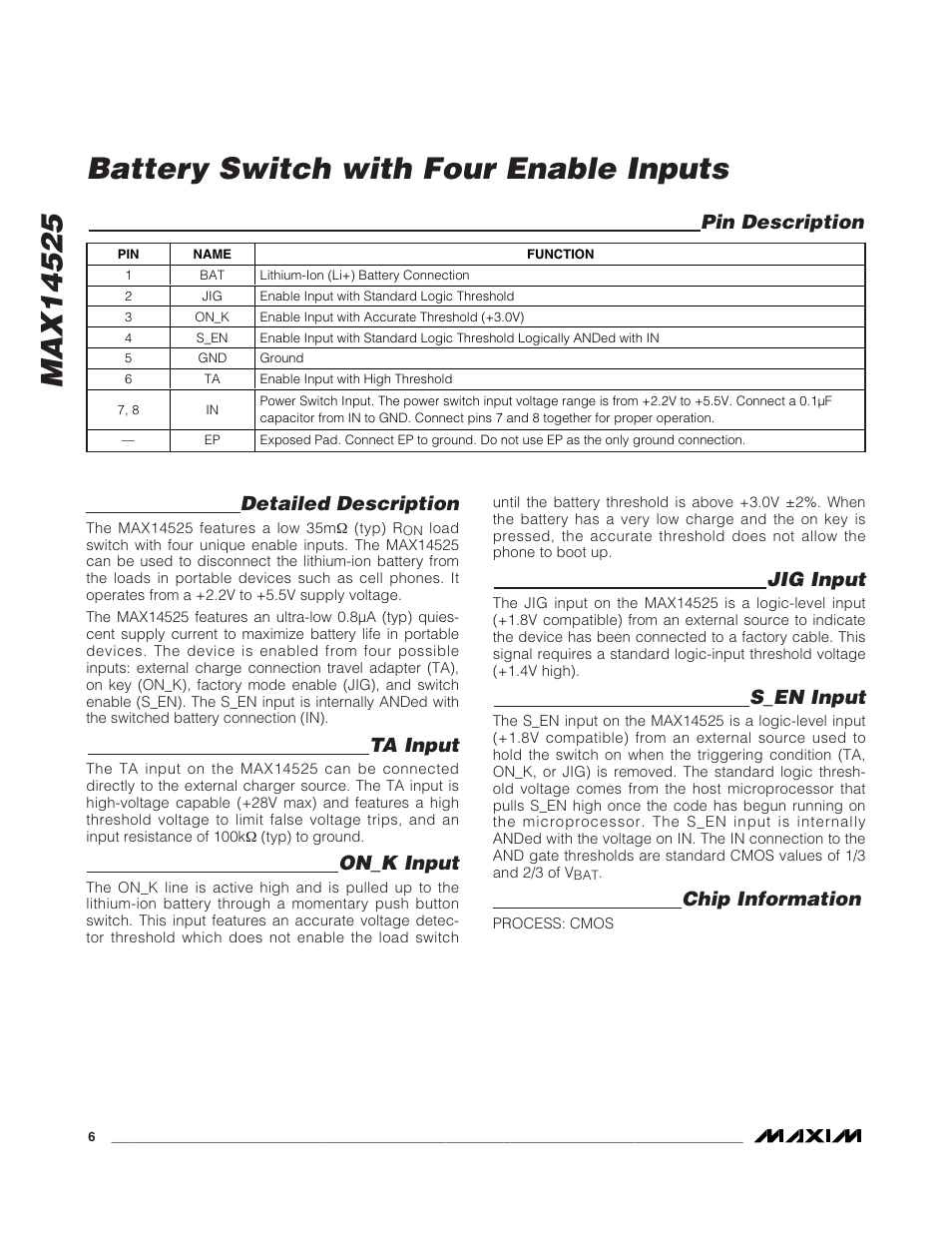 Battery switch with four enable inputs, Detailed description, Ta input | On_k input, Jig input, S_en input, Chip information, Pin description | Rainbow Electronics MAX14525 User Manual | Page 6 / 7