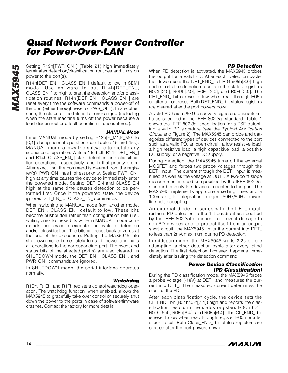 Max5945, Quad network power controller for power-over-lan | Rainbow Electronics MAX5945 User Manual | Page 14 / 44