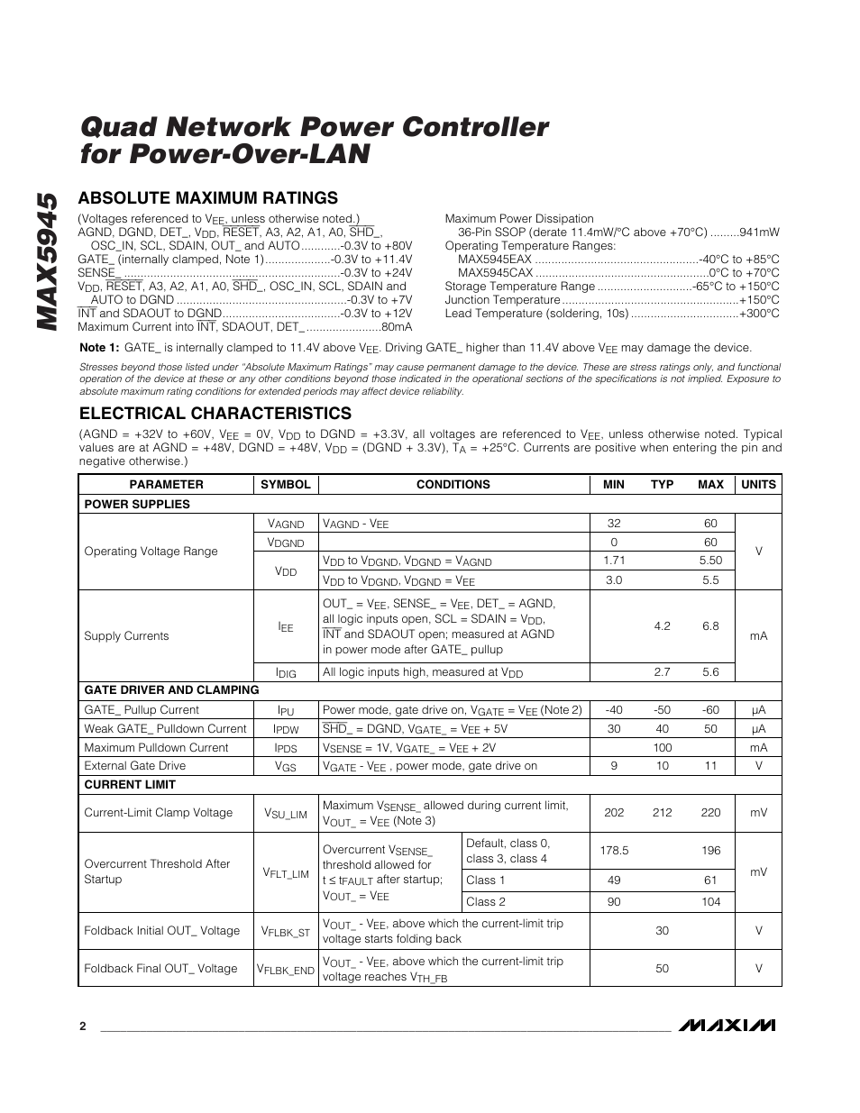 Absolute maximum ratings, Electrical characteristics | Rainbow Electronics MAX5945 User Manual | Page 2 / 44