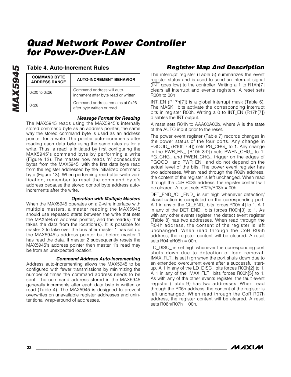 Max5945, Quad network power controller for power-over-lan, Register map and description | Rainbow Electronics MAX5945 User Manual | Page 22 / 44