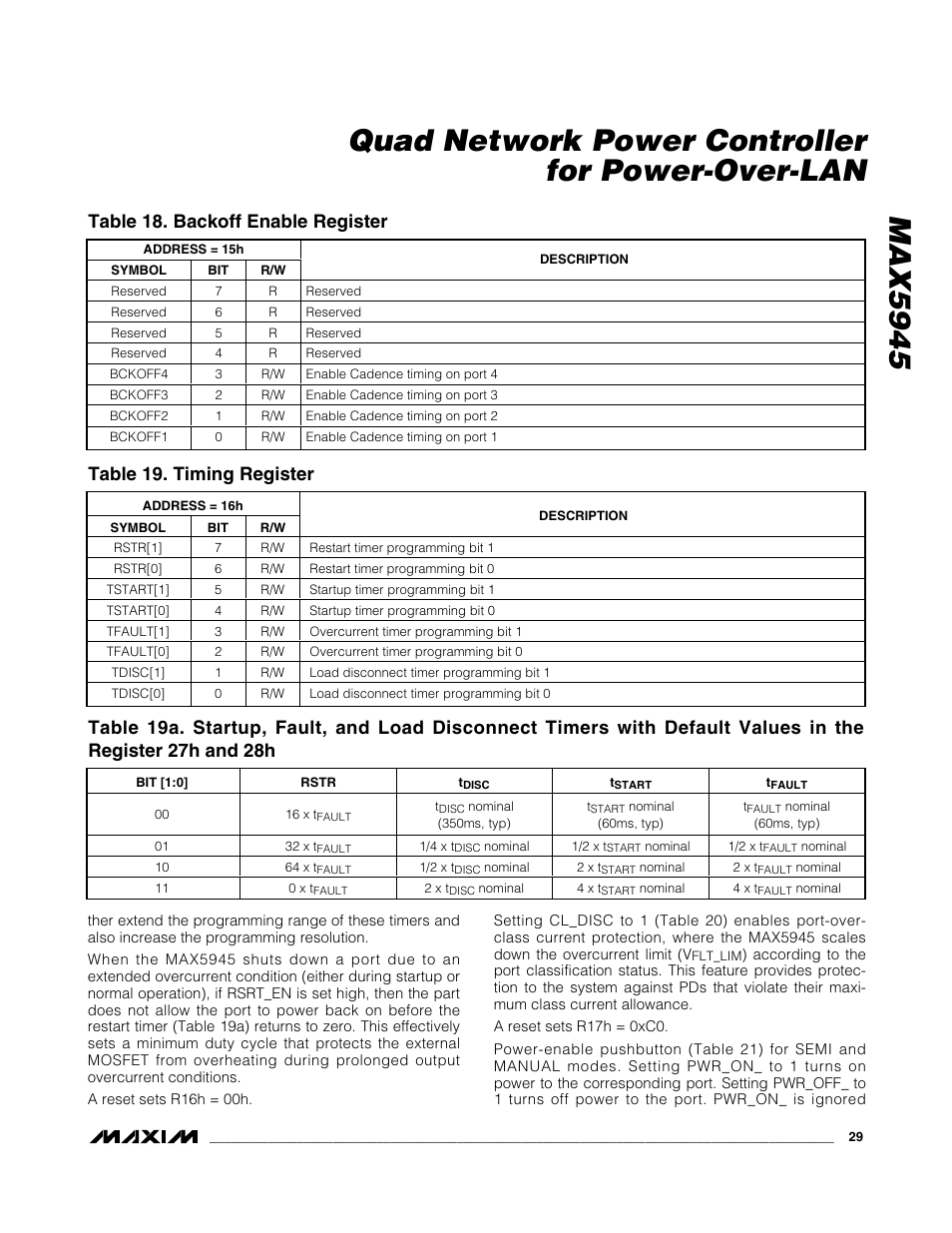 Table 18. backoff enable register, Table 19. timing register | Rainbow Electronics MAX5945 User Manual | Page 29 / 44