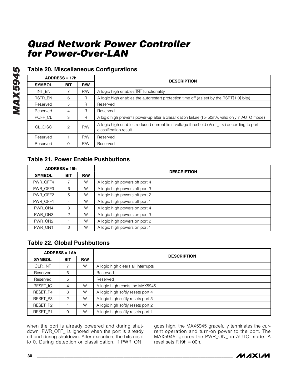 Max5945, Quad network power controller for power-over-lan, Table 20. miscellaneous configurations | Table 21. power enable pushbuttons, Table 22. global pushbuttons | Rainbow Electronics MAX5945 User Manual | Page 30 / 44