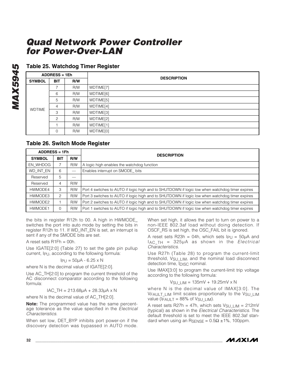 Max5945, Quad network power controller for power-over-lan, Table 25. watchdog timer register | Table 26. switch mode register | Rainbow Electronics MAX5945 User Manual | Page 32 / 44