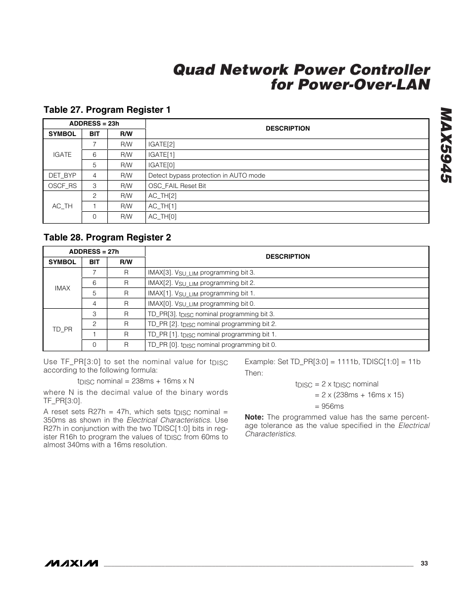 Table 27. program register 1, Table 28. program register 2 | Rainbow Electronics MAX5945 User Manual | Page 33 / 44