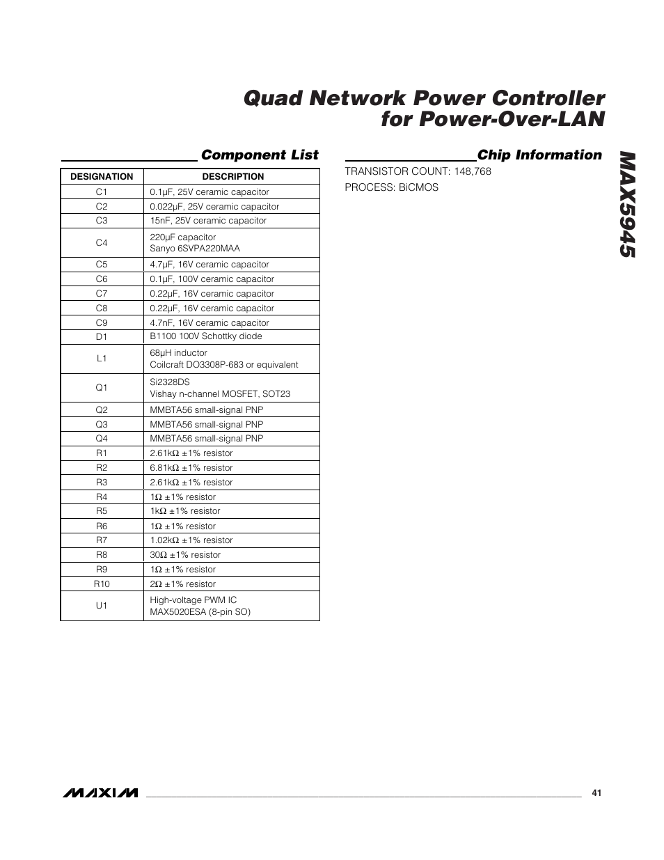 Component list chip information | Rainbow Electronics MAX5945 User Manual | Page 41 / 44