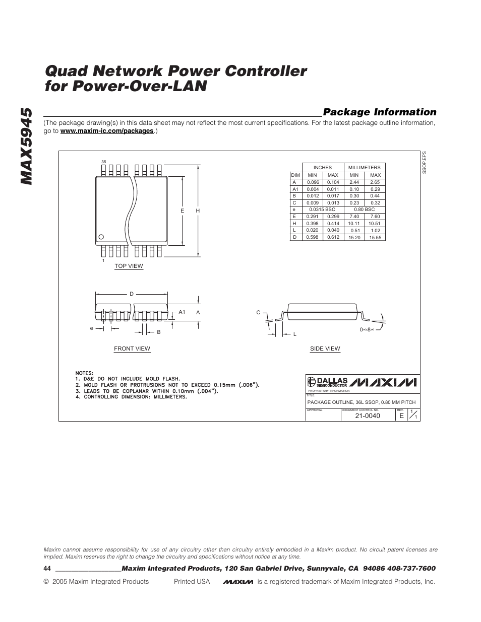 Package information | Rainbow Electronics MAX5945 User Manual | Page 44 / 44