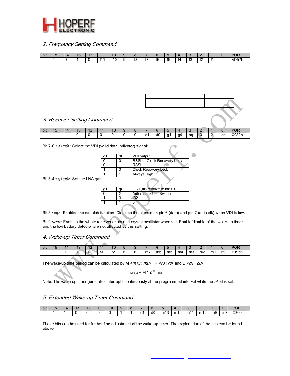 Ra01, Frequency setting command, Receiver setting command | Wake-up timer command, Extended wake-up timer command | Rainbow Electronics RA01 User Manual | Page 11 / 19