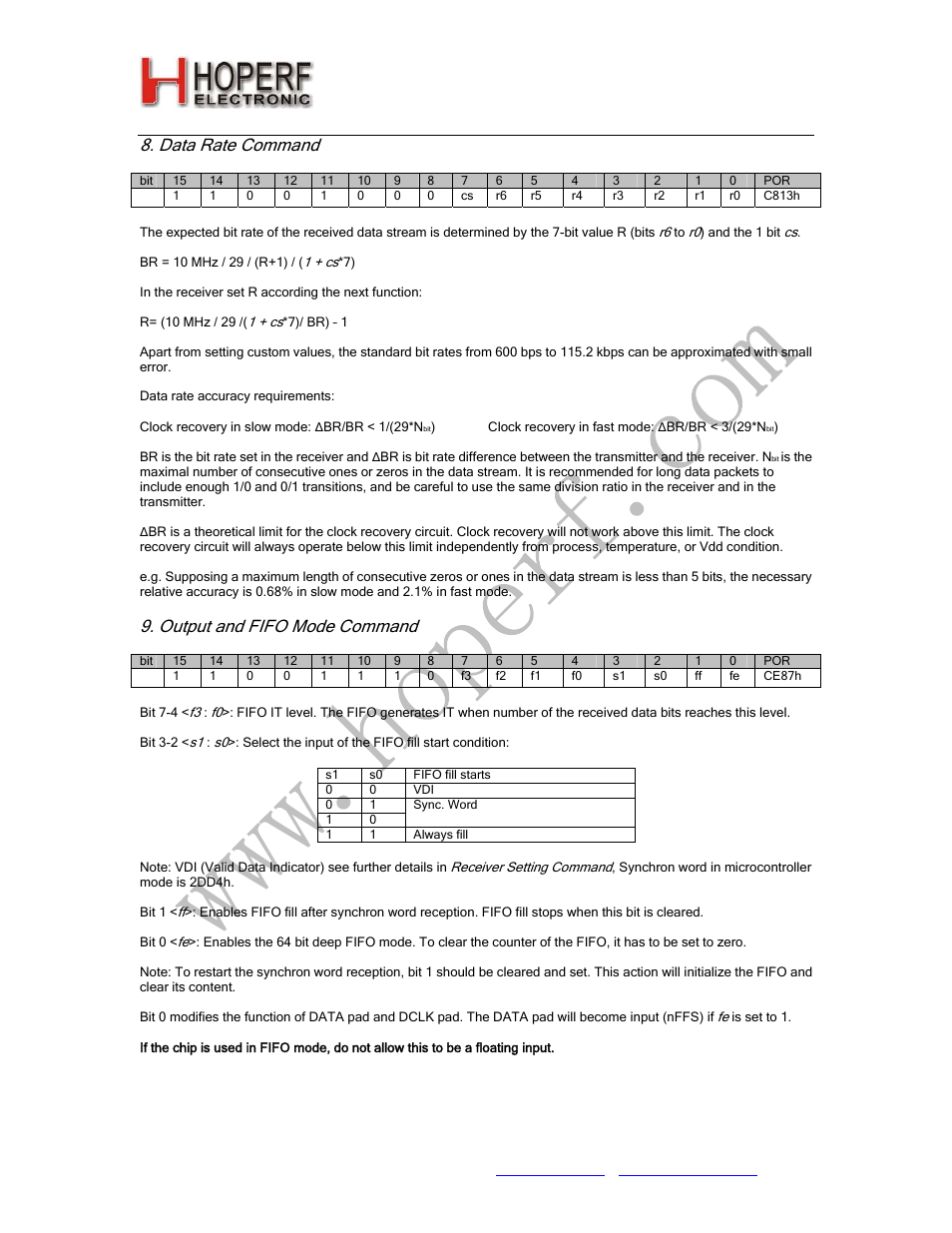 Ra01, Data rate command, Output and fifo mode command | Rainbow Electronics RA01 User Manual | Page 13 / 19