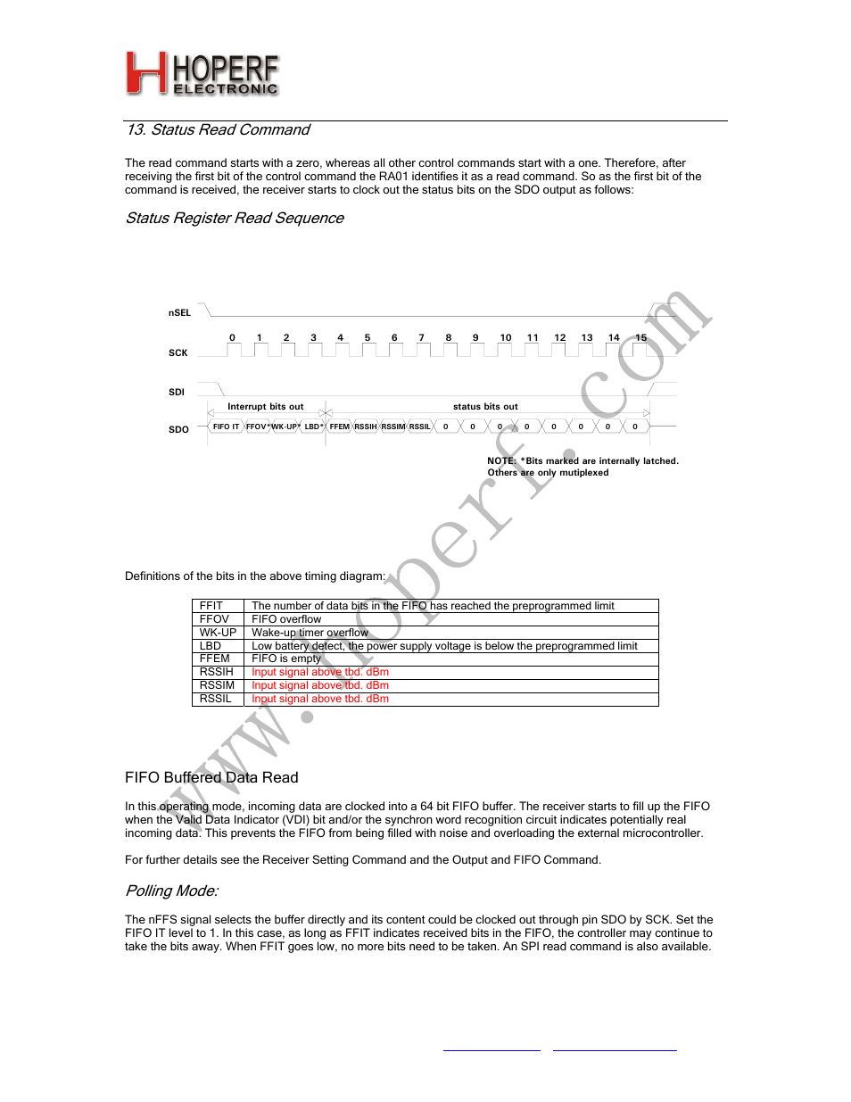 Ra01, Status read command, Status register read sequence | Polling mode, Fifo buffered data read | Rainbow Electronics RA01 User Manual | Page 15 / 19