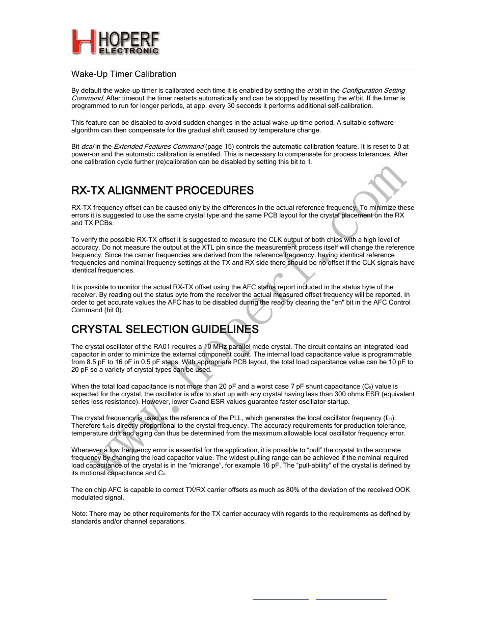 Ra01, Rx-tx alignment procedures, Crystal selection guidelines | Rainbow Electronics RA01 User Manual | Page 18 / 19