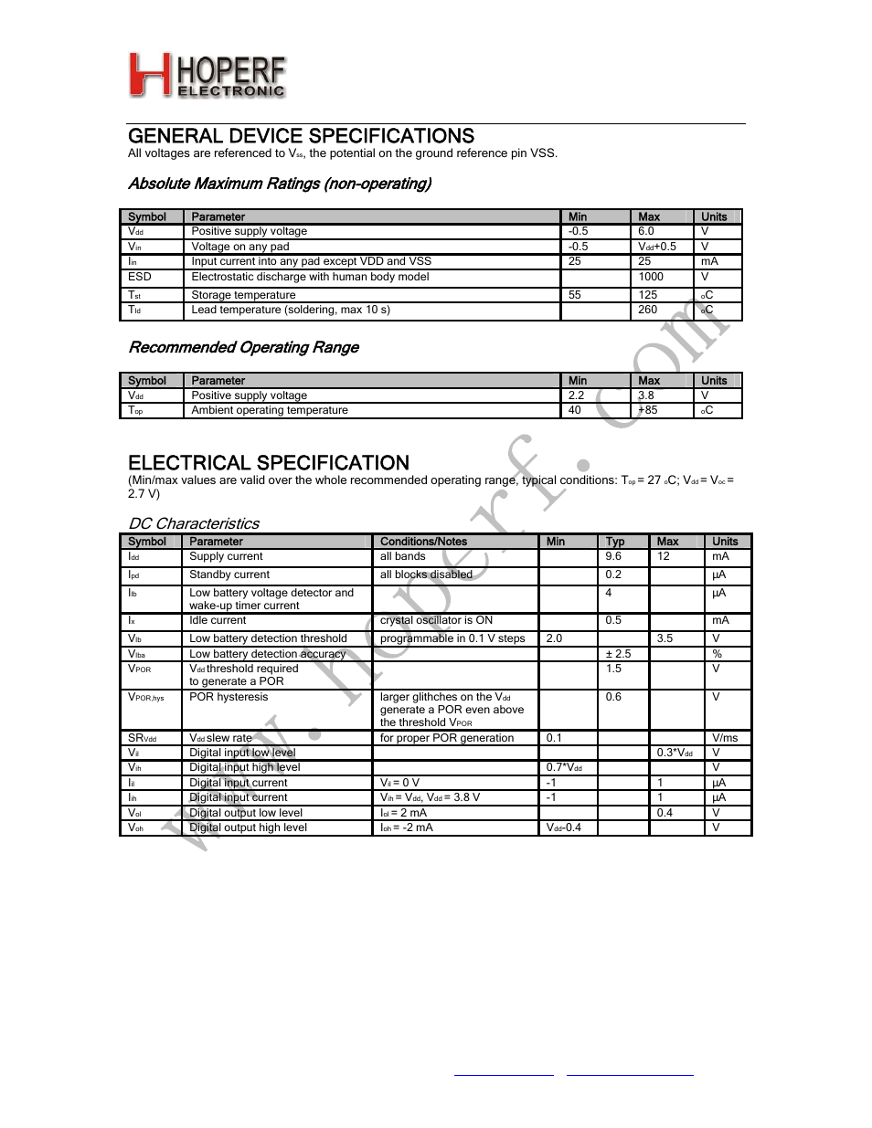 Ra01, General device specifications, Electrical specification | Absolute maximum ratings (non-operating), Recommended operating range, Dc characteristics | Rainbow Electronics RA01 User Manual | Page 7 / 19