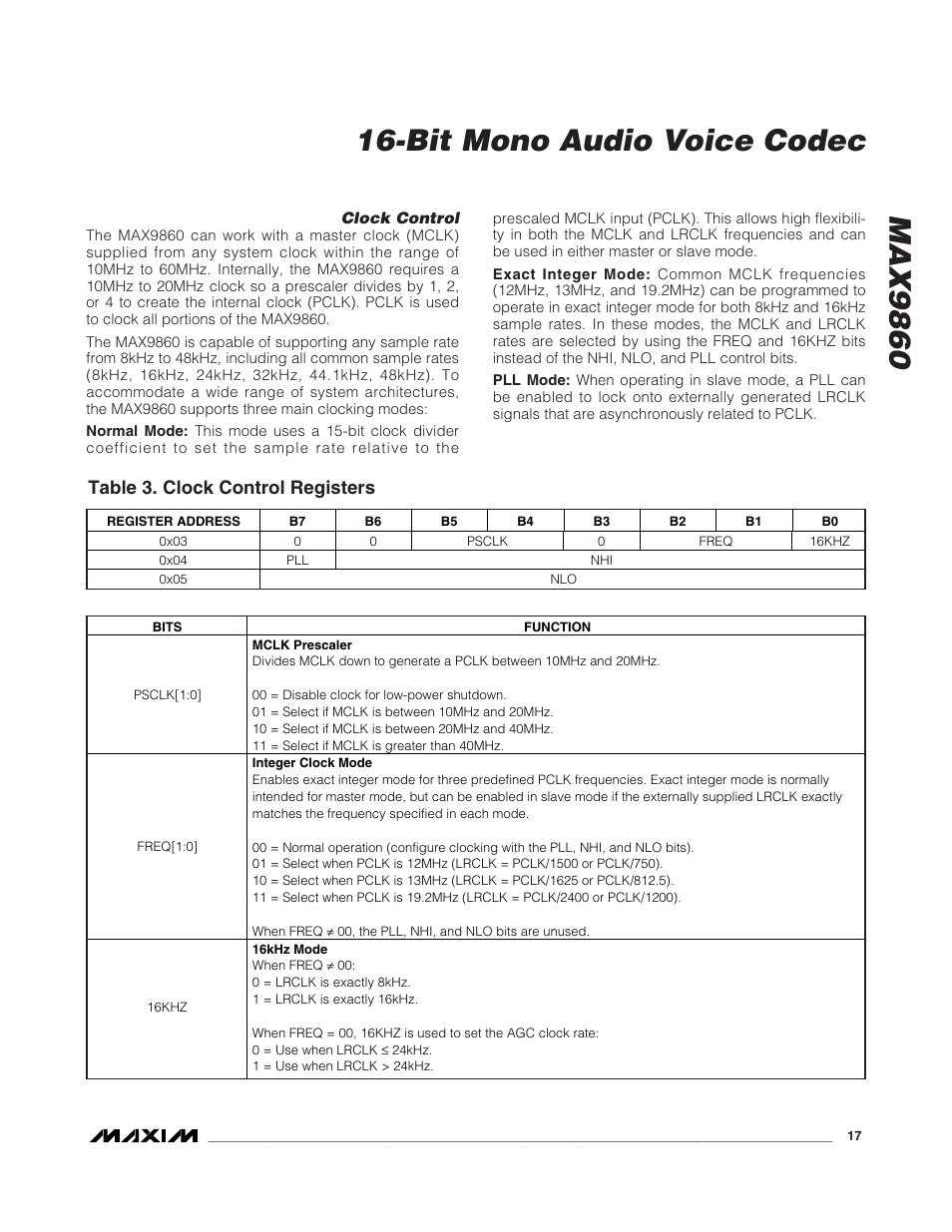 Table 3. clock control registers | Rainbow Electronics MAX9860 User Manual | Page 17 / 39