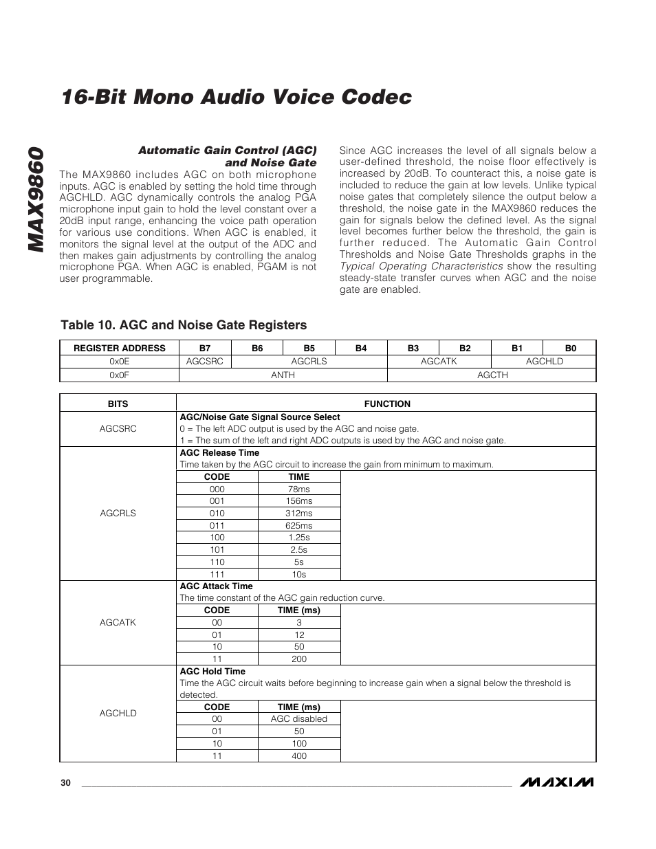 Max9860, Bit mono audio voice codec, Table 10. agc and noise gate registers | Rainbow Electronics MAX9860 User Manual | Page 30 / 39