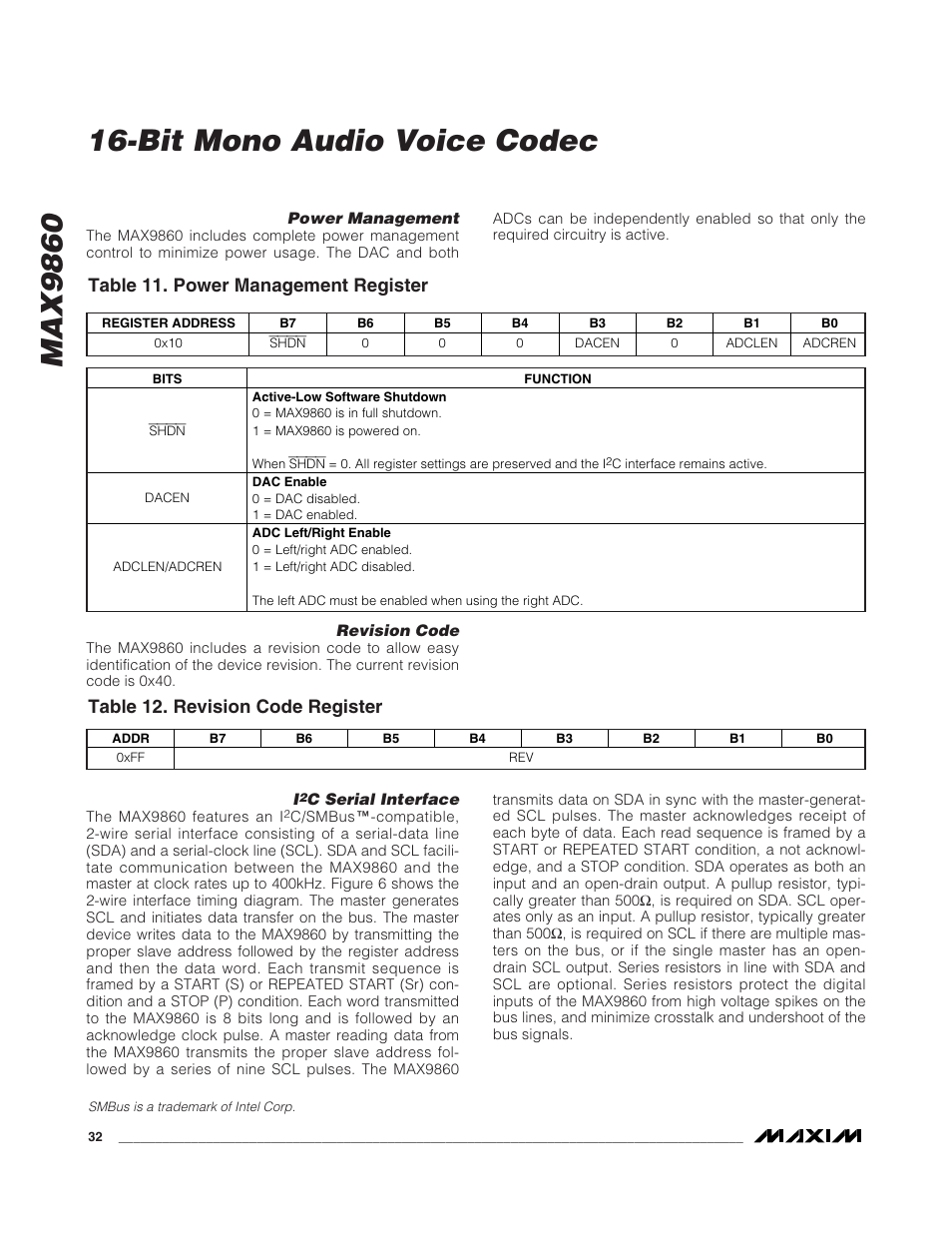 Max9860, Bit mono audio voice codec, Table 11. power management register | Table 12. revision code register | Rainbow Electronics MAX9860 User Manual | Page 32 / 39