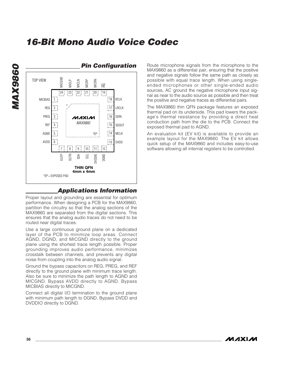 Applications information, Pin configuration | Rainbow Electronics MAX9860 User Manual | Page 36 / 39