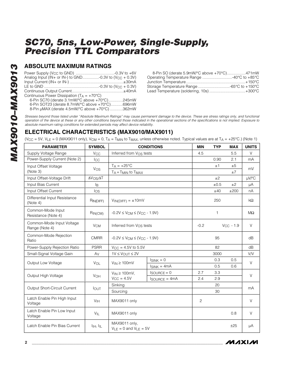 Absolute maximum ratings | Rainbow Electronics MAX9013 User Manual | Page 2 / 12