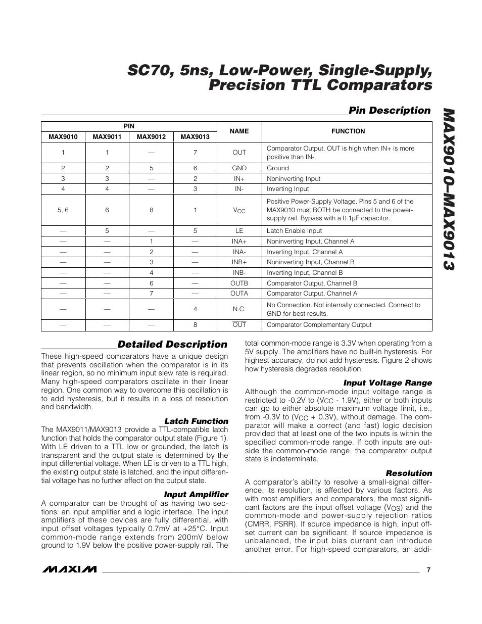 Detailed description, Pin description | Rainbow Electronics MAX9013 User Manual | Page 7 / 12