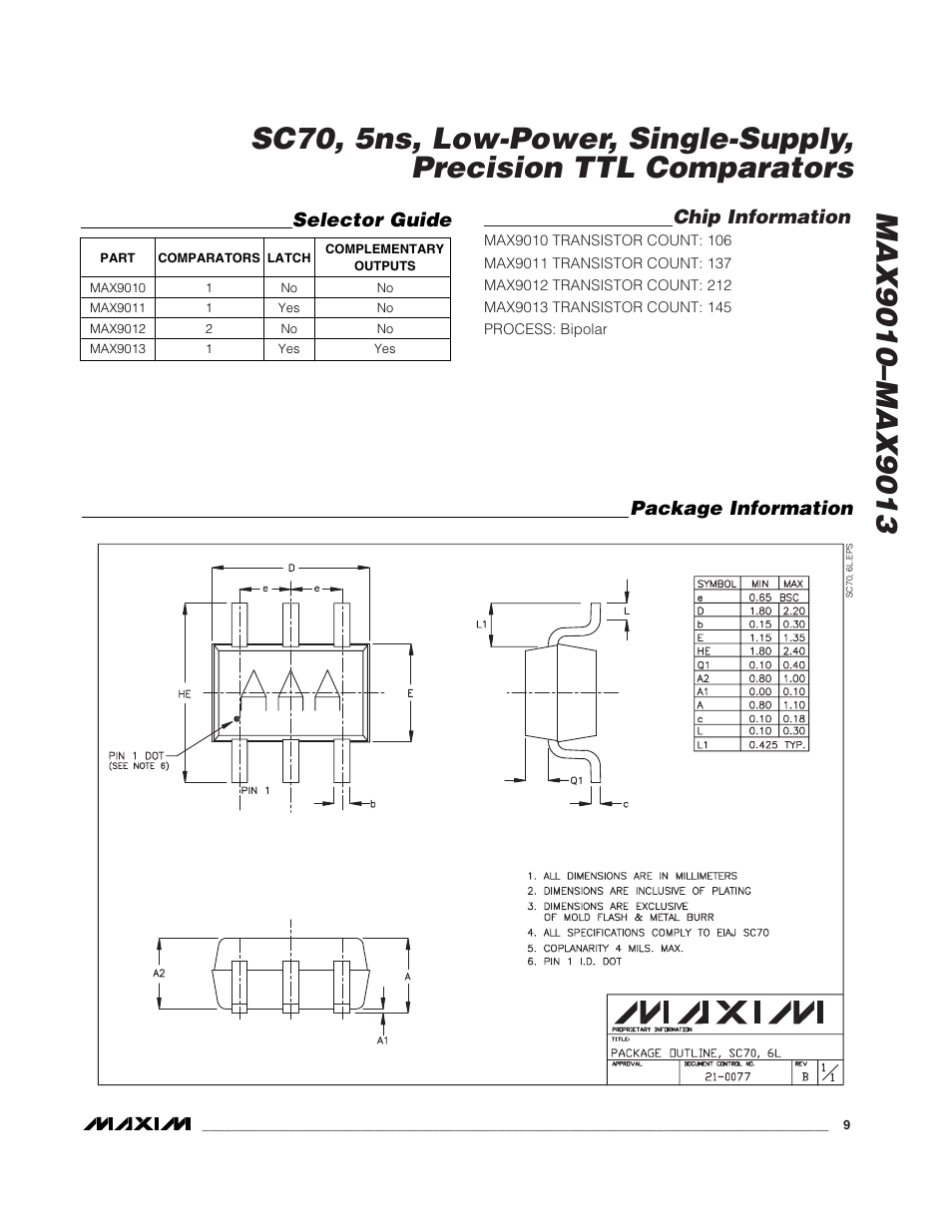 Chip information, Package information, Selector guide | Rainbow Electronics MAX9013 User Manual | Page 9 / 12