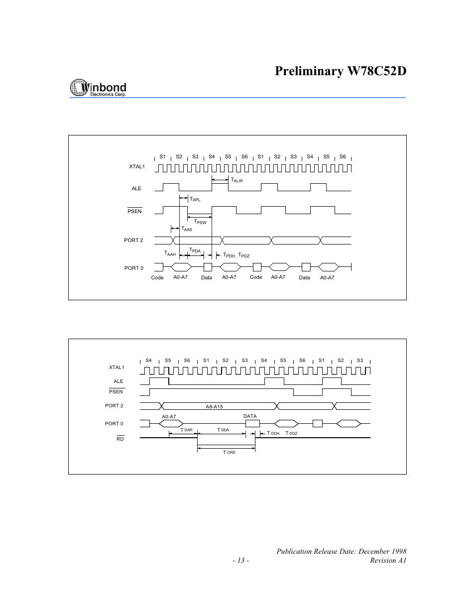 Preliminary w78c52d, Timing waveforms, Program fetch cycle | Data read cycle | Rainbow Electronics W78C52D User Manual | Page 13 / 18