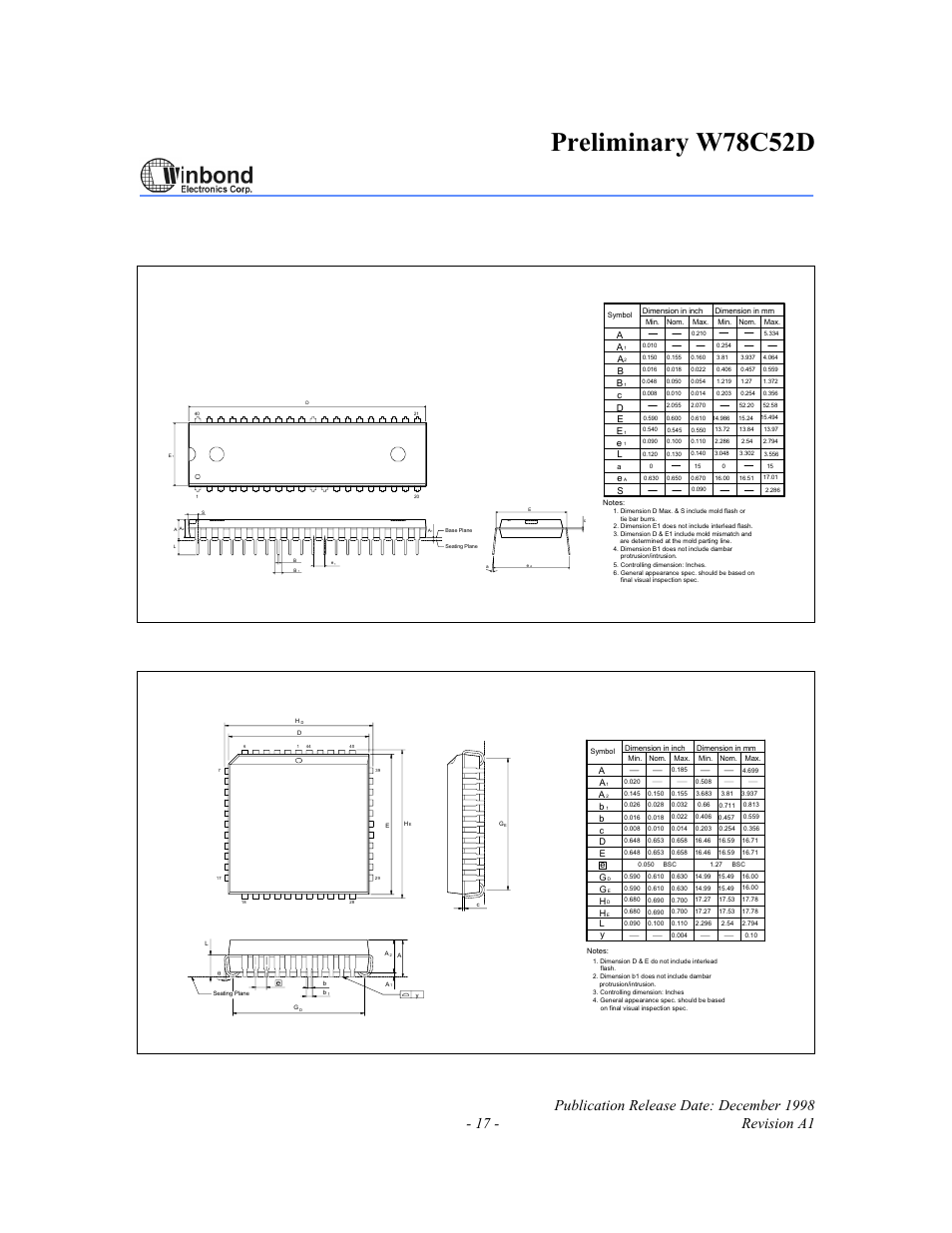 Preliminary w78c52d, Package dimensions, Pin dip | Pin plcc | Rainbow Electronics W78C52D User Manual | Page 17 / 18