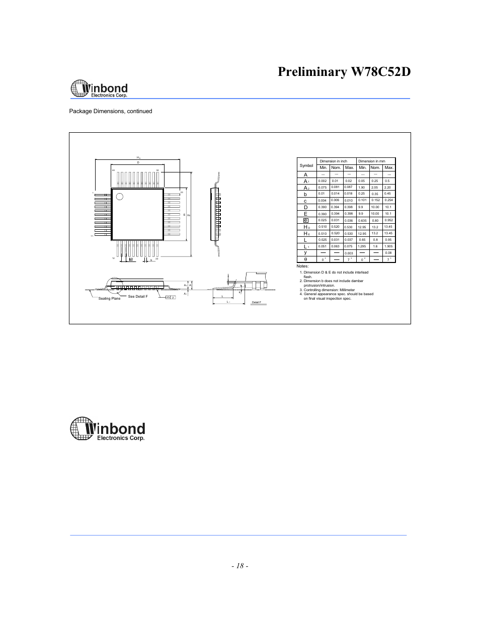 Preliminary w78c52d, Pin qfp, Package dimensions, continued | Headquarters, Taipei office, Winbond electronics (h.k.) ltd | Rainbow Electronics W78C52D User Manual | Page 18 / 18