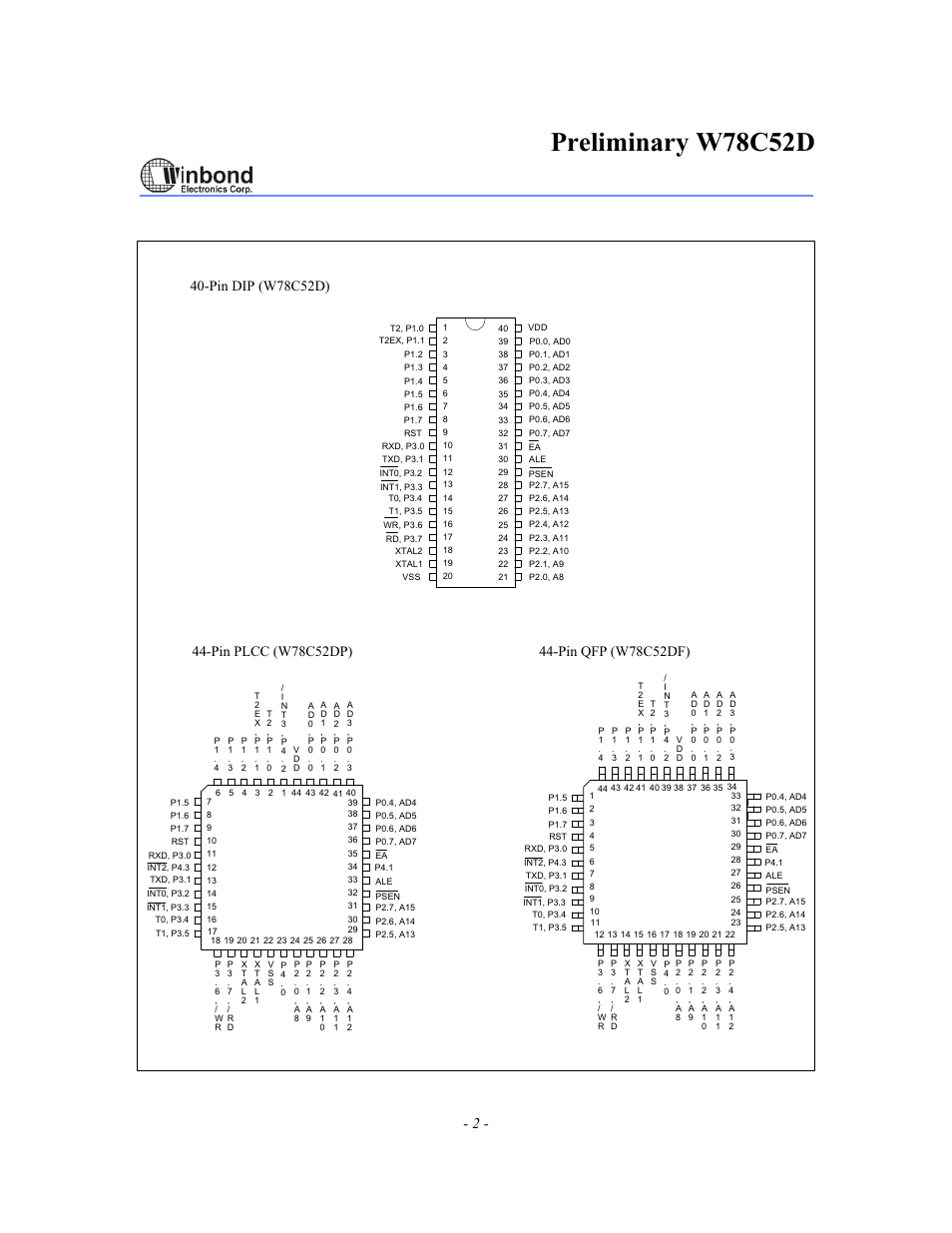Preliminary w78c52d, Pin configurations, Pin dip (w78c52d) | Rainbow Electronics W78C52D User Manual | Page 2 / 18