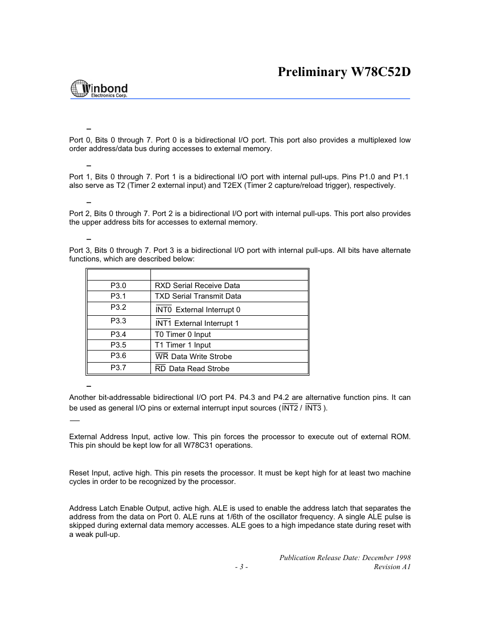 Preliminary w78c52d | Rainbow Electronics W78C52D User Manual | Page 3 / 18